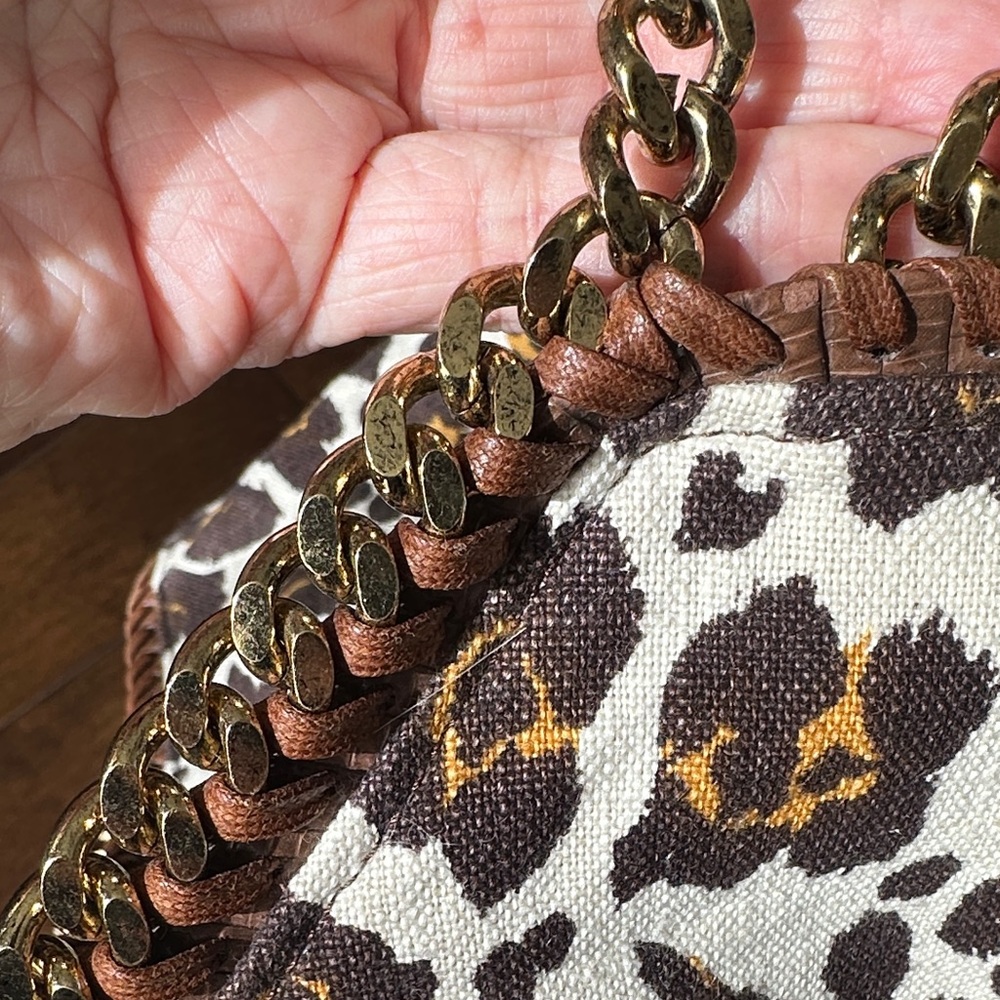 Stella McCartney - Brown Yellow Leopard Print on Cream Canvas Bag & Gold Chain - Picture 9 of 17